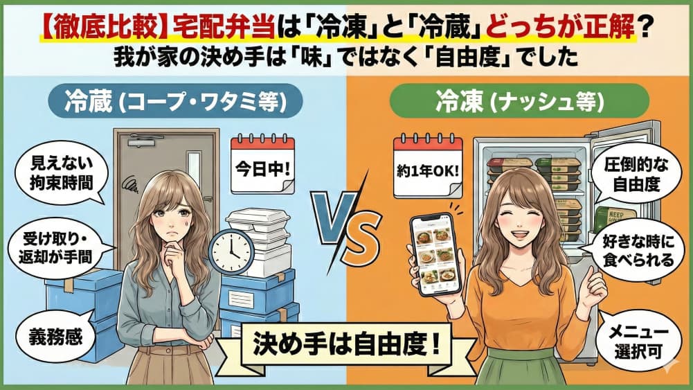 【徹底比較】宅配弁当は「冷凍」と「冷蔵」どっちが正解？我が家の決め手は「味」ではなく「自由度」でした
