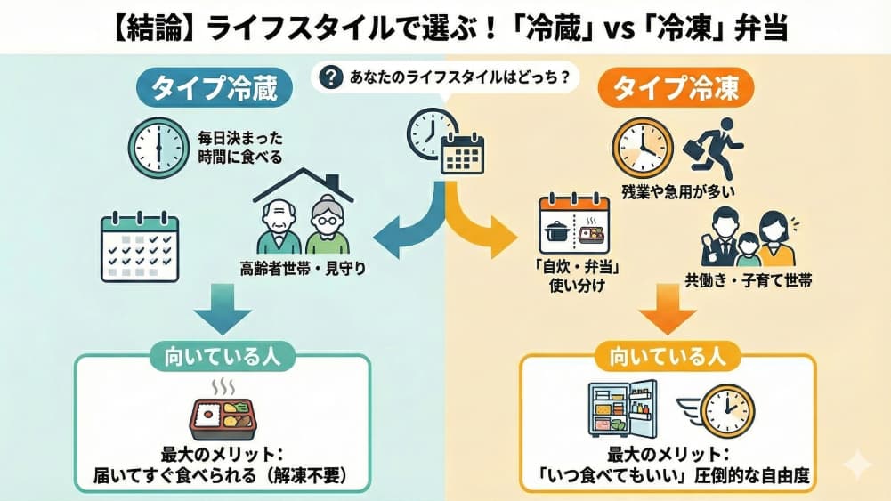 【結論】「毎日決まった時間に食べる」なら冷蔵。「予定が読めない」なら冷凍