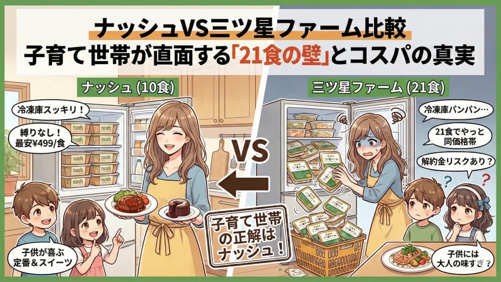 【2026年最新】ナッシュvs三ツ星ファーム比較。子育て世帯が直面する「21食の壁」とコスパの真実