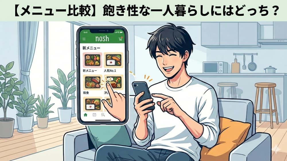 【メニュー比較】飽き性な一人暮らしにはどっち？スマホアプリで楽しそうにナッシュの豊富な新メニューを選んでいる男性のイラスト。