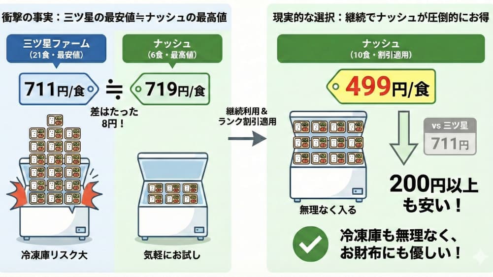 三ツ星ファームとナッシュの価格・冷凍庫スペース比較図解。三ツ星の最安値（21食711円）はナッシュの最高値（6食719円）とほぼ同額だが、ナッシュを10食プランで継続すると1食499円になり、三ツ星より200円以上安く冷凍庫も圧迫しないことを示す比較図