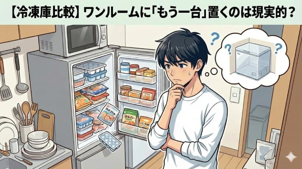 「【冷凍庫比較】ワンルームに「もう一台」置くのは現実的？」一人暮らしの狭いキッチンで、食材でパンパンになった小さな冷蔵庫を見つめながら、サブ冷凍庫を置くスペースがあるか悩んでいる男性のイラスト。