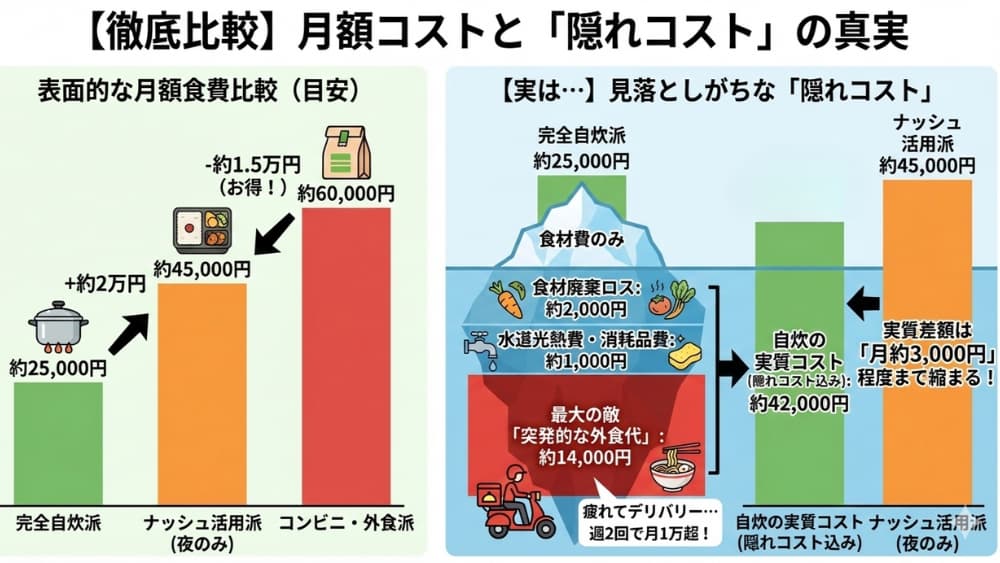 完全自炊とナッシュの月額コスト徹底比較図解。表面上の食費は自炊が安いが、食材ロスや突発的な外食などの「隠れコスト」を含めると、ナッシュとの実質差額は月約3,000円まで縮まることを示した比較グラフ。