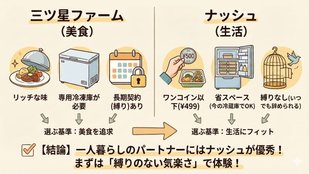宅配食「三ツ星ファーム」と「ナッシュ」の比較図解。三ツ星ファームは「美食」を追求し、リッチな味だが専用冷凍庫と長期契約が必要。ナッシュは「生活」にフィットし、ワンコイン以下で省スペース、契約縛りがない。結論として、一人暮らしにはナッシュが優秀で、まずは「縛りのない気楽さ」で体験することを推奨している。