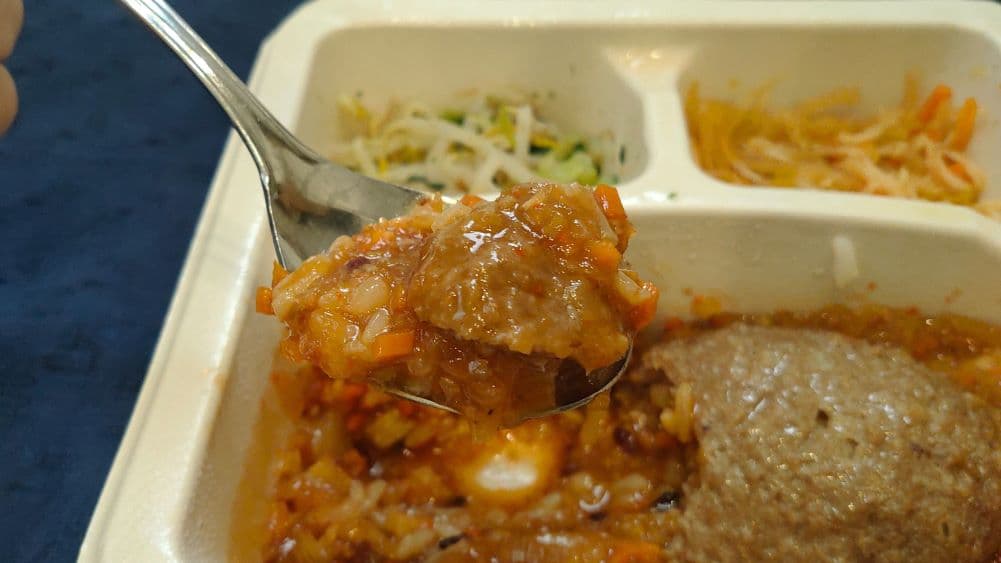 スプーンで持ち上げられたナッシュの麻婆ハンバーグと具だくさんの麻婆あんかけご飯のアップ