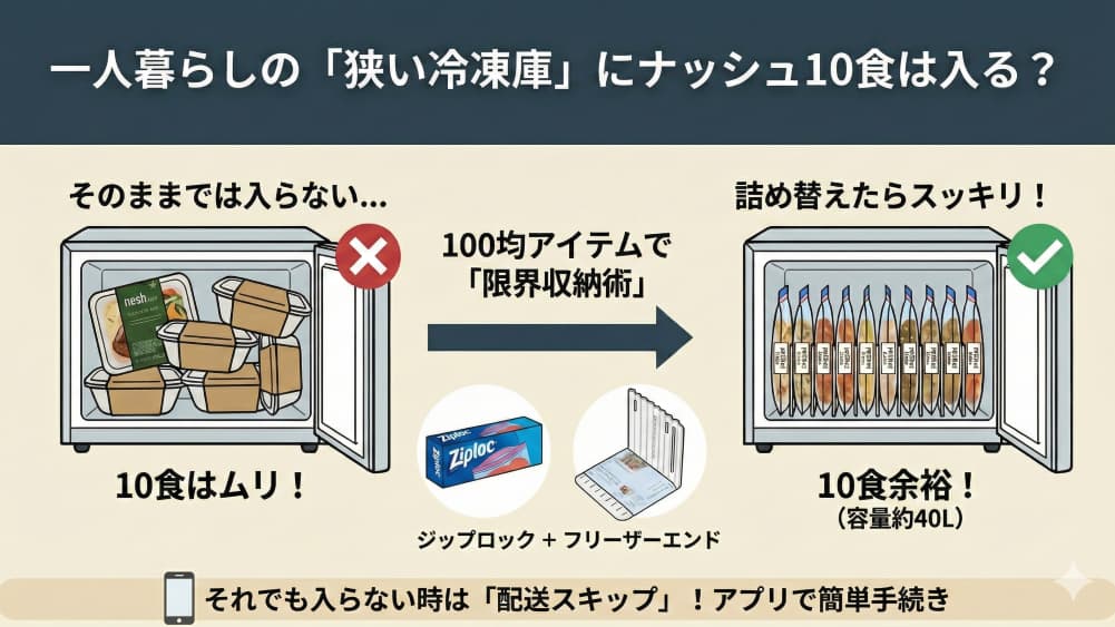 一人暮らしの狭い冷凍庫（約40L）にnosh（ナッシュ）10食を収納する方法の図解。そのままの容器ではかさばって入らない様子と、100均のジップロックとフリーザーエンドを使って中身を詰め替え、立てて収納することでスッキリと10食入る様子を比較した「限界収納術」。下部には、それでも入らない場合の「配送スキップ」手続きの案内もある。
