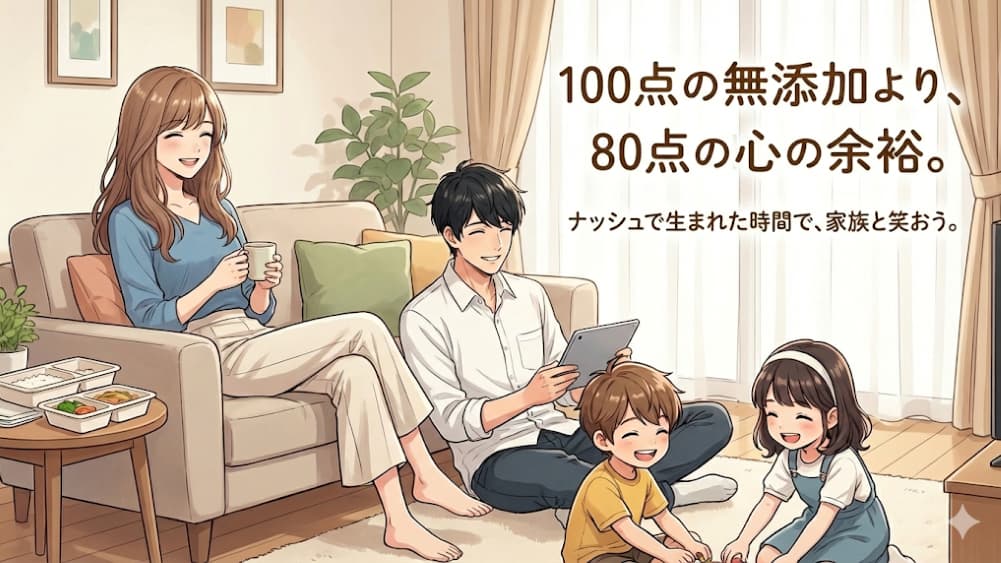 ナッシュのお弁当を食べた後、リビングで笑顔でくつろぐ4人家族のイラスト。「100点の無添加より、80点の心の余裕。」というメッセージとともに、家事の時短で生まれた家族団らんの時間を表現。