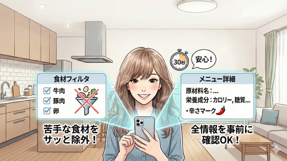 スマホでナッシュの原材料確認と食材フィルタ機能を操作する女性のイラスト。苦手な食材を除外したり、詳細な原材料・栄養成分を注文前に確認して安心している様子。