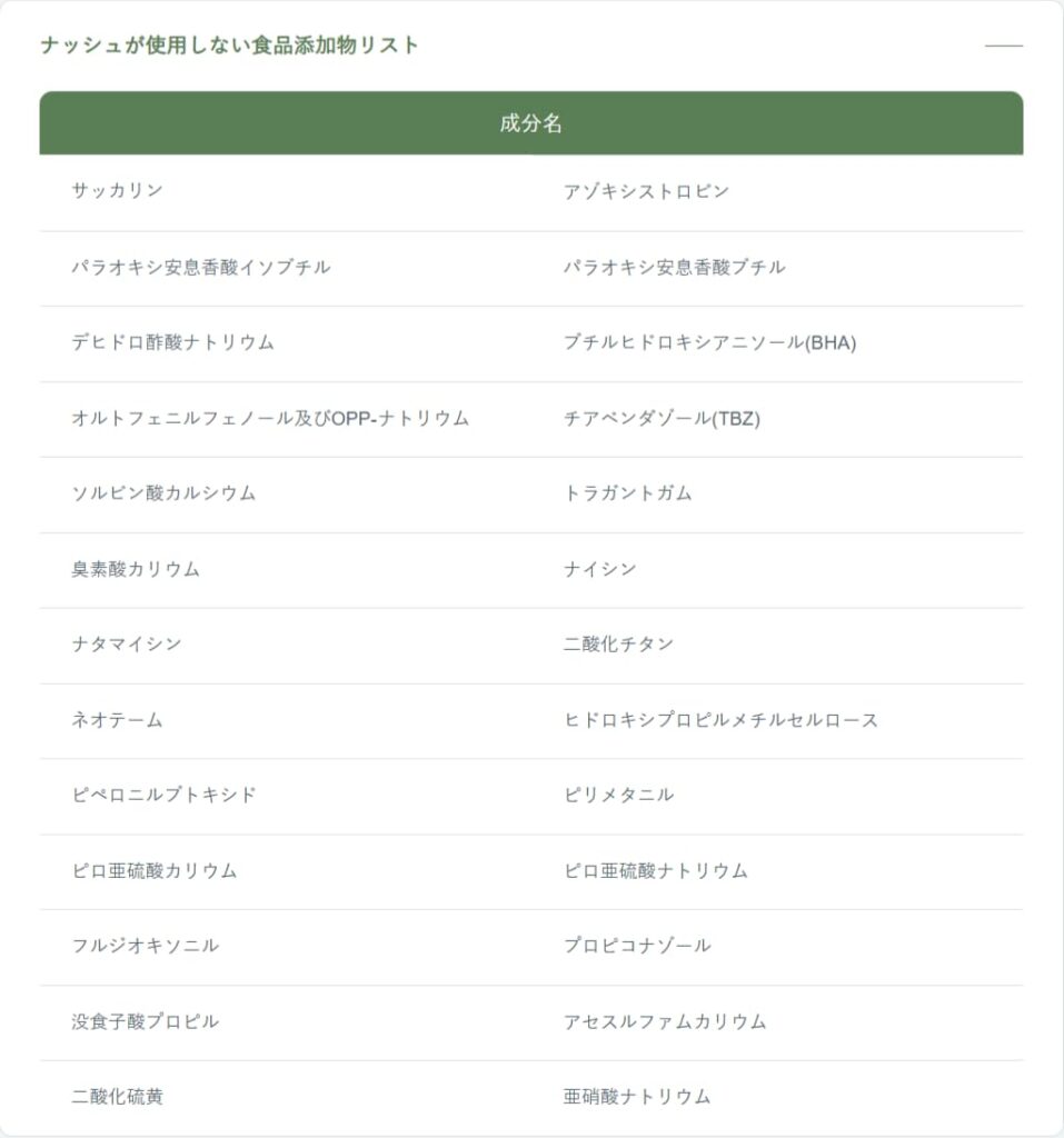 ナッシュが使用しない食品添加物リスト